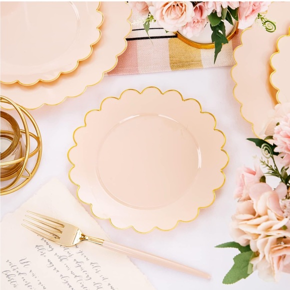 Chic Scalloped Pink & Gold Party Plates 60pcs 30 Dinner 10.25" & 30 Dessert 7.5" - Picture 7 of 7